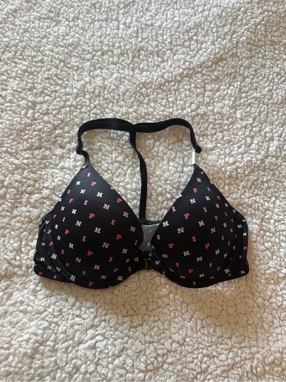 PINK Victoria's Secret Black Bra with Pink & White Logo Print